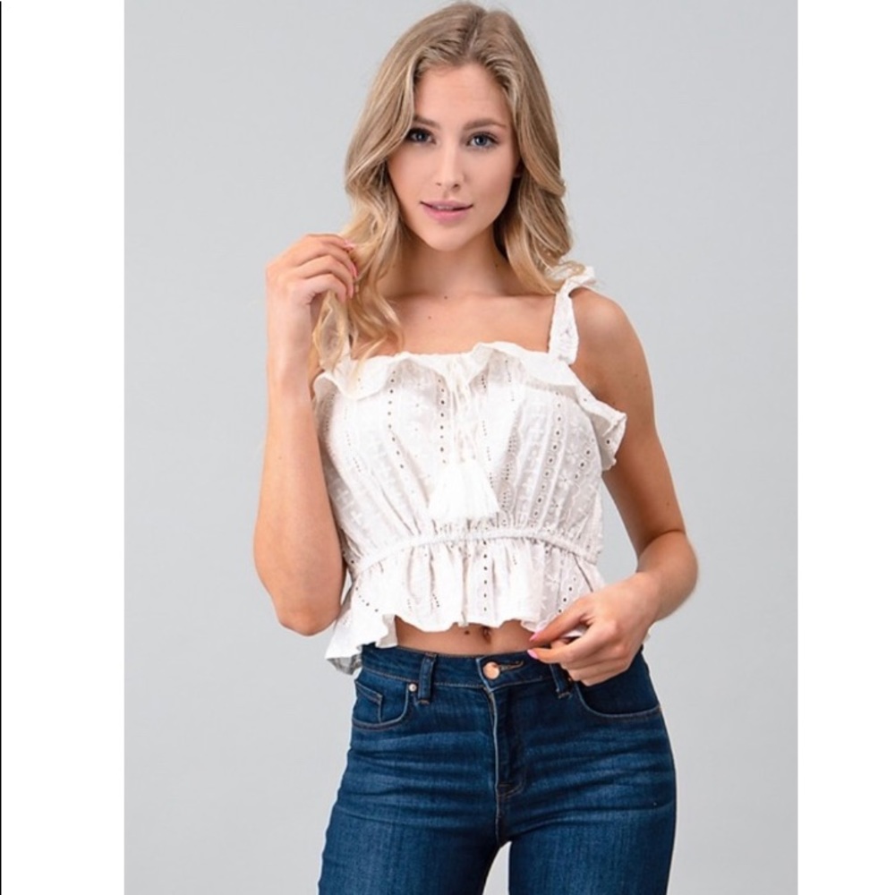 Lola White Cropped Eyelet  Sleeveless Tank Top